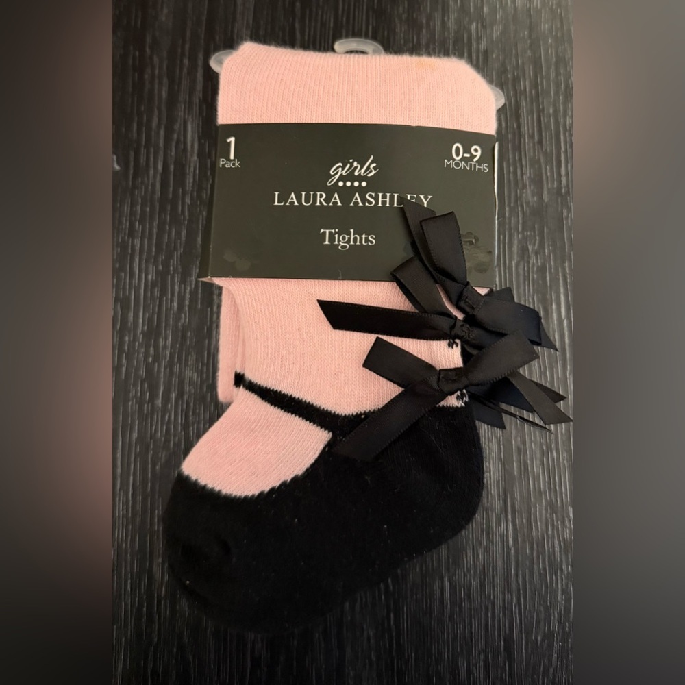 Laura Ashley Ballet Shoes Black And Pink Tights With Bows Sz 0-9 Months